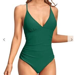 Tempt Me 1 Piece Swimsuit V Neck Cross-Back Straps Tummy Control  Womens XL Gree